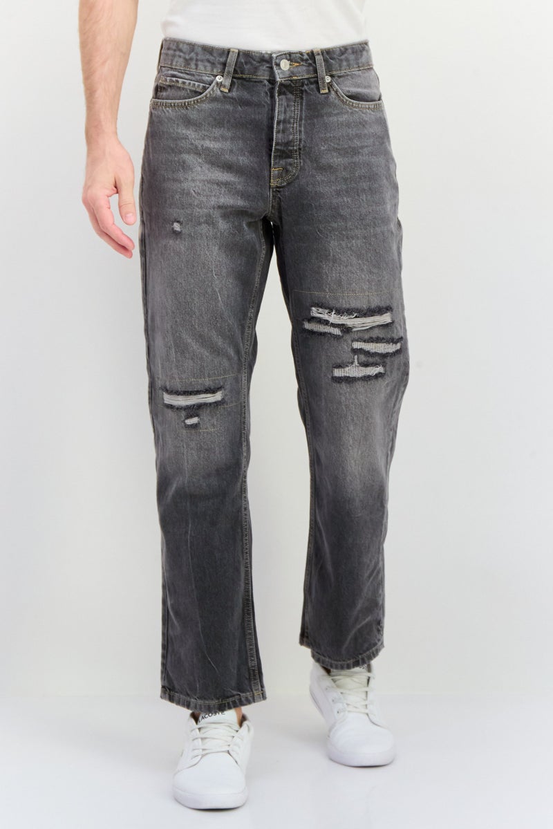 TOPMAN Men Regular Fit Rip No Stretch Jeans, Washed Black - Image 1