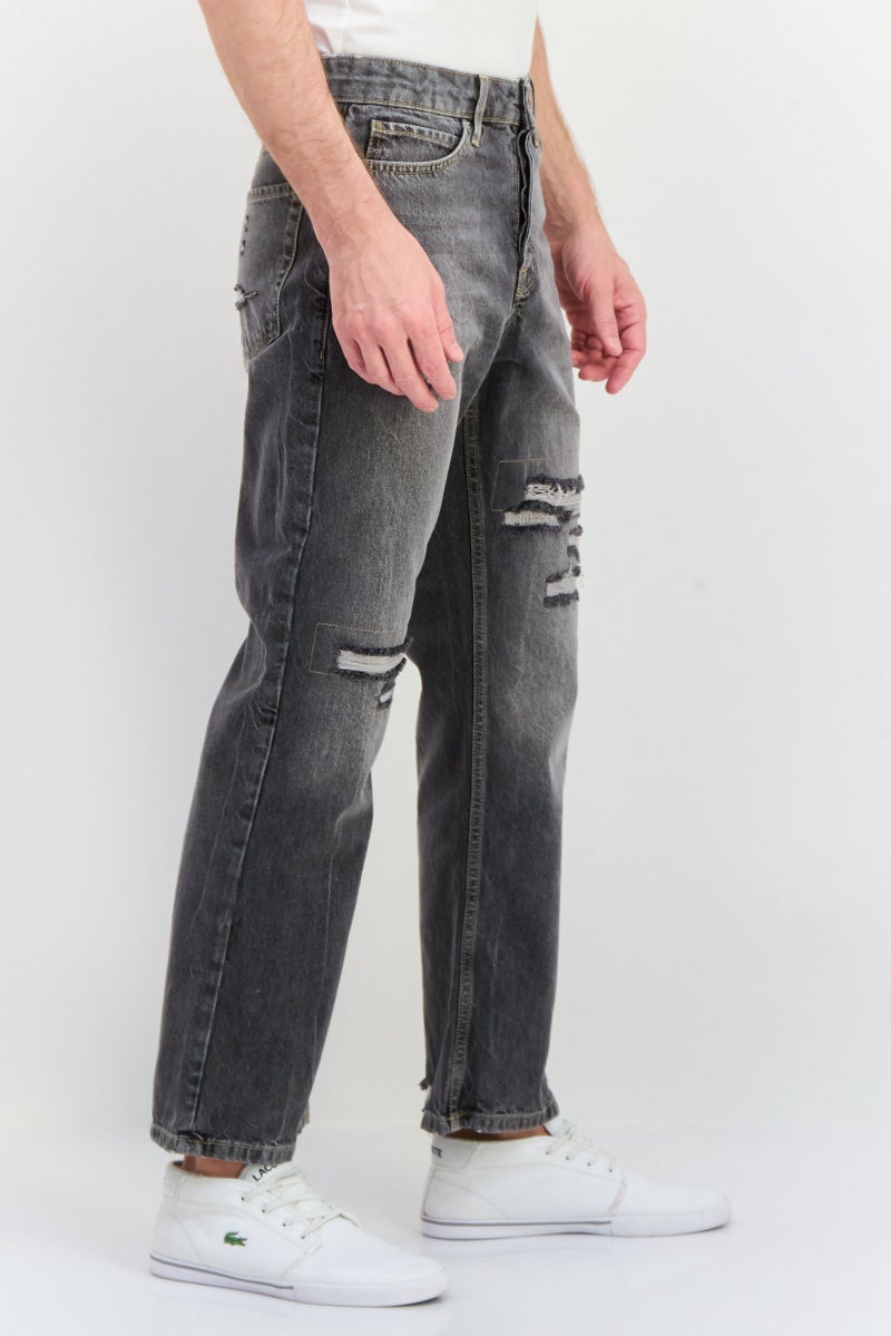 TOPMAN Men Regular Fit Rip No Stretch Jeans, Washed Black - Image 4