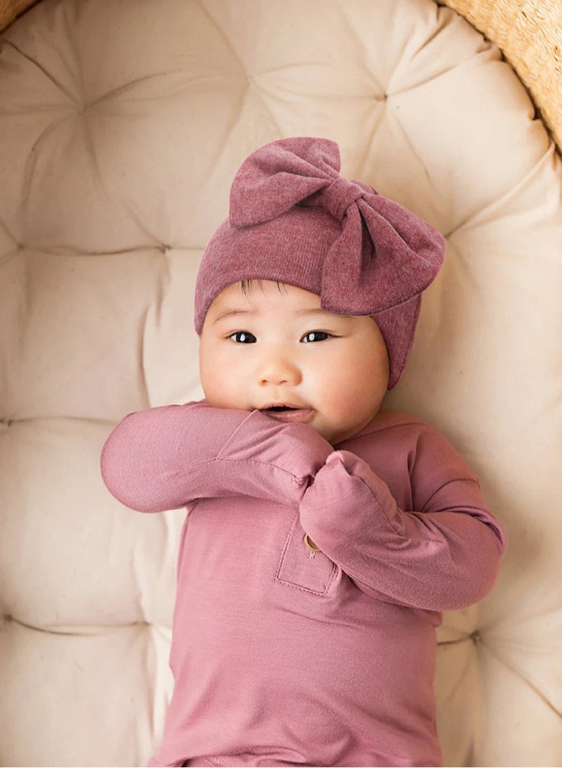 Newborn Bowtie Pullover Hat Purple Red  - Image 1