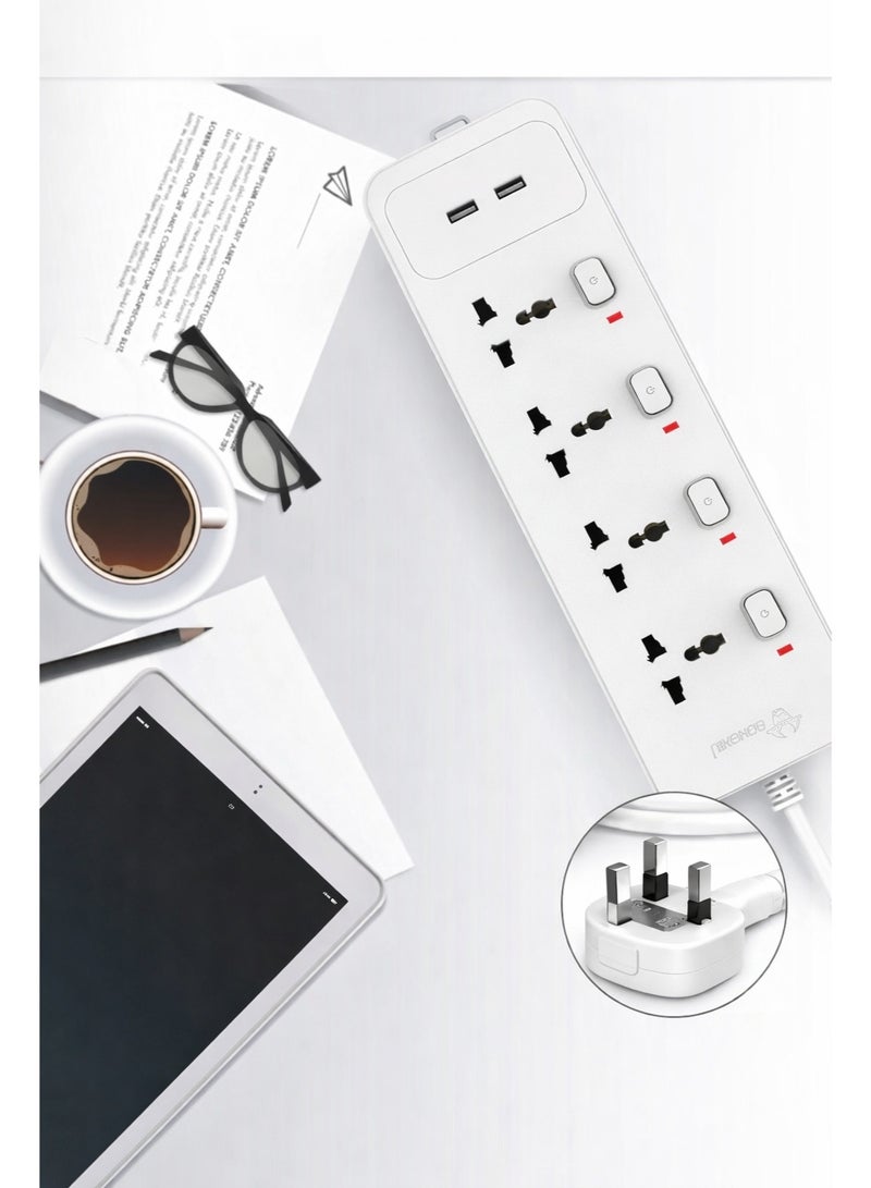 غونغنيو سلك تمديد كهربائي بأربعة منافذ بطول 3 أمتار، ومنفذي USB، وشريط طاقة متعدد المقابس عالمي مزود بمفاتيح فردية وفتحات تعليق للمنزل والمكتب - Image 1