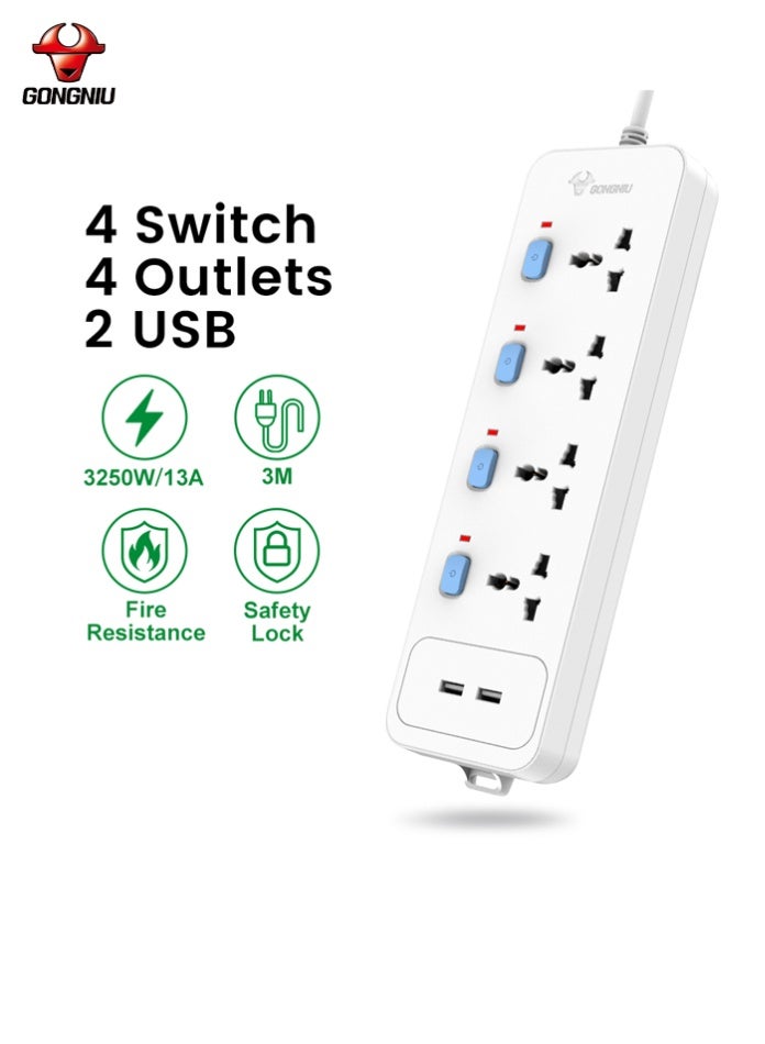 غونغنيو سلك تمديد كهربائي بأربعة منافذ بطول 3 أمتار، ومنفذي USB، وشريط طاقة متعدد المقابس عالمي مزود بمفاتيح فردية وفتحات تعليق للمنزل والمكتب - Image 2