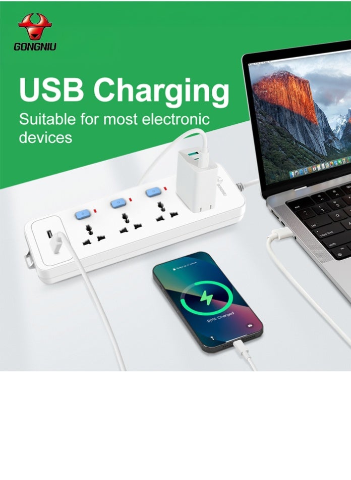 غونغنيو سلك تمديد كهربائي بأربعة منافذ بطول 3 أمتار، ومنفذي USB، وشريط طاقة متعدد المقابس عالمي مزود بمفاتيح فردية وفتحات تعليق للمنزل والمكتب - Image 4