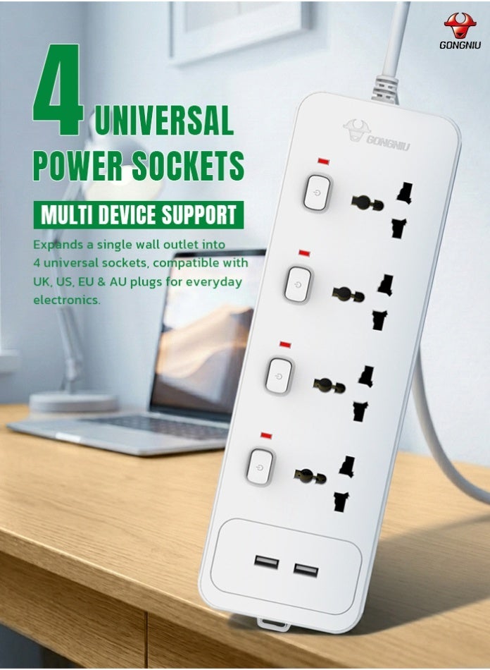 غونغنيو مشترك كهرباء رباعي المنافذ (سلك بطول 3 أمتار) مزود بمنفذي USB، وقدرة 13 أمبير / 3250 واط، ومفاتيح تشغيل/إيقاف مستقلة لكل منفذ، ومقابس عالمية، ومصاريع أمان لحماية الأطفال، وهيكل مقاوم للحريق، مع إمكانية التثبيت على الحائط (مناسب للمنزل والمكتب). - Image 1