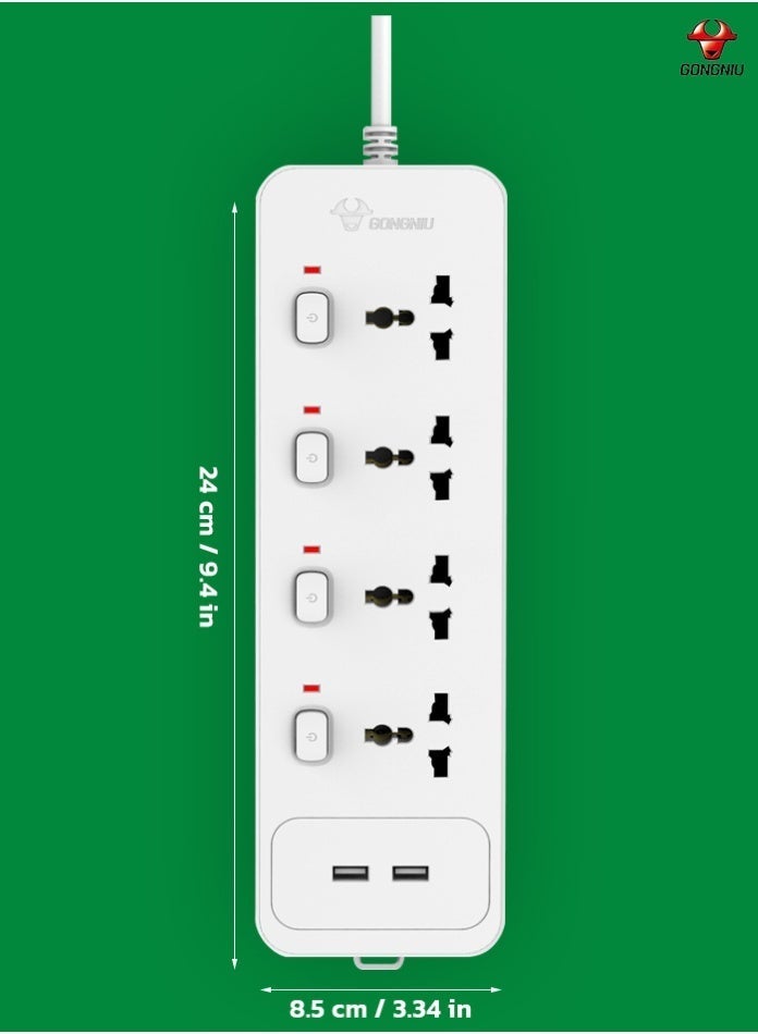 غونغنيو مشترك كهرباء رباعي المنافذ (سلك بطول 3 أمتار) مزود بمنفذي USB، وقدرة 13 أمبير / 3250 واط، ومفاتيح تشغيل/إيقاف مستقلة لكل منفذ، ومقابس عالمية، ومصاريع أمان لحماية الأطفال، وهيكل مقاوم للحريق، مع إمكانية التثبيت على الحائط (مناسب للمنزل والمكتب). - Image 2