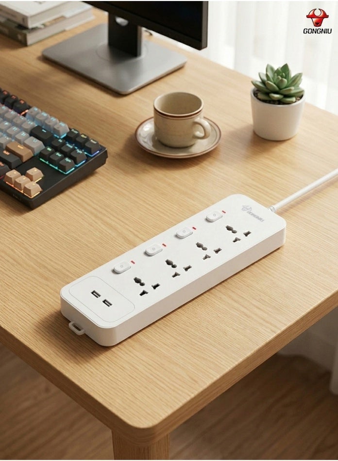 غونغنيو مشترك كهرباء رباعي المنافذ (سلك بطول 3 أمتار) مزود بمنفذي USB، وقدرة 13 أمبير / 3250 واط، ومفاتيح تشغيل/إيقاف مستقلة لكل منفذ، ومقابس عالمية، ومصاريع أمان لحماية الأطفال، وهيكل مقاوم للحريق، مع إمكانية التثبيت على الحائط (مناسب للمنزل والمكتب). - Image 5