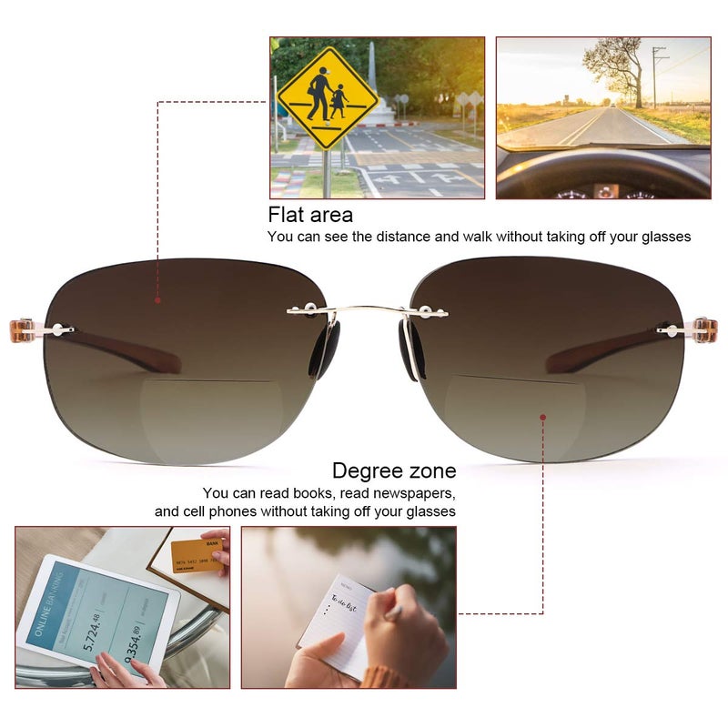 MIRYEA Rimless Bifocal Sunglasses +1.50 Strength Reading Glasses UV Protection Sport Sunglasses Anti Blue Light Sun Readers for Men and Women Outdoor Driving Safety Eyeglasses Tinted Lens Shades Eyewear - Image 5
