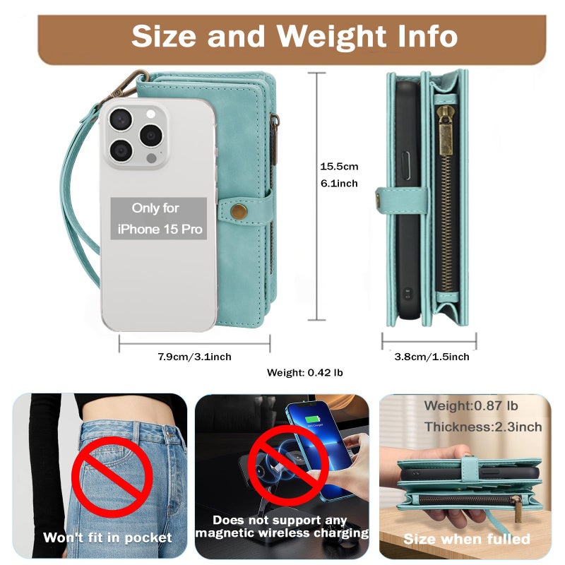 TwoHead Wallet Case Compatible with iPhone 15 Pro,Detachable Magnetic Phone Case,All-Round Protective Leather Phone Case with Card Holder,6.1",Blue - Image 4