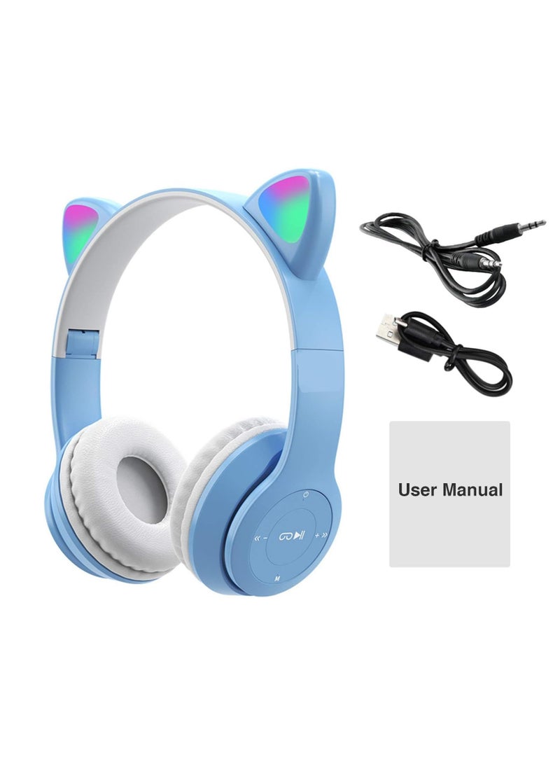 Bluetooth Cat Ear Headphones with RGB Light - Model P47M - Stereo HIFI Sound-BABY BLUE - Image 3