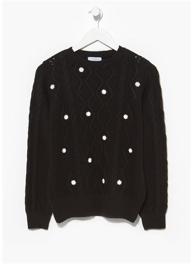 Matalan Black Cable Knit Flower Jumper  - Image 1