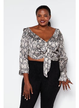 Women Plus Size V Neck Long Sleeve Printed Blouse, Beige