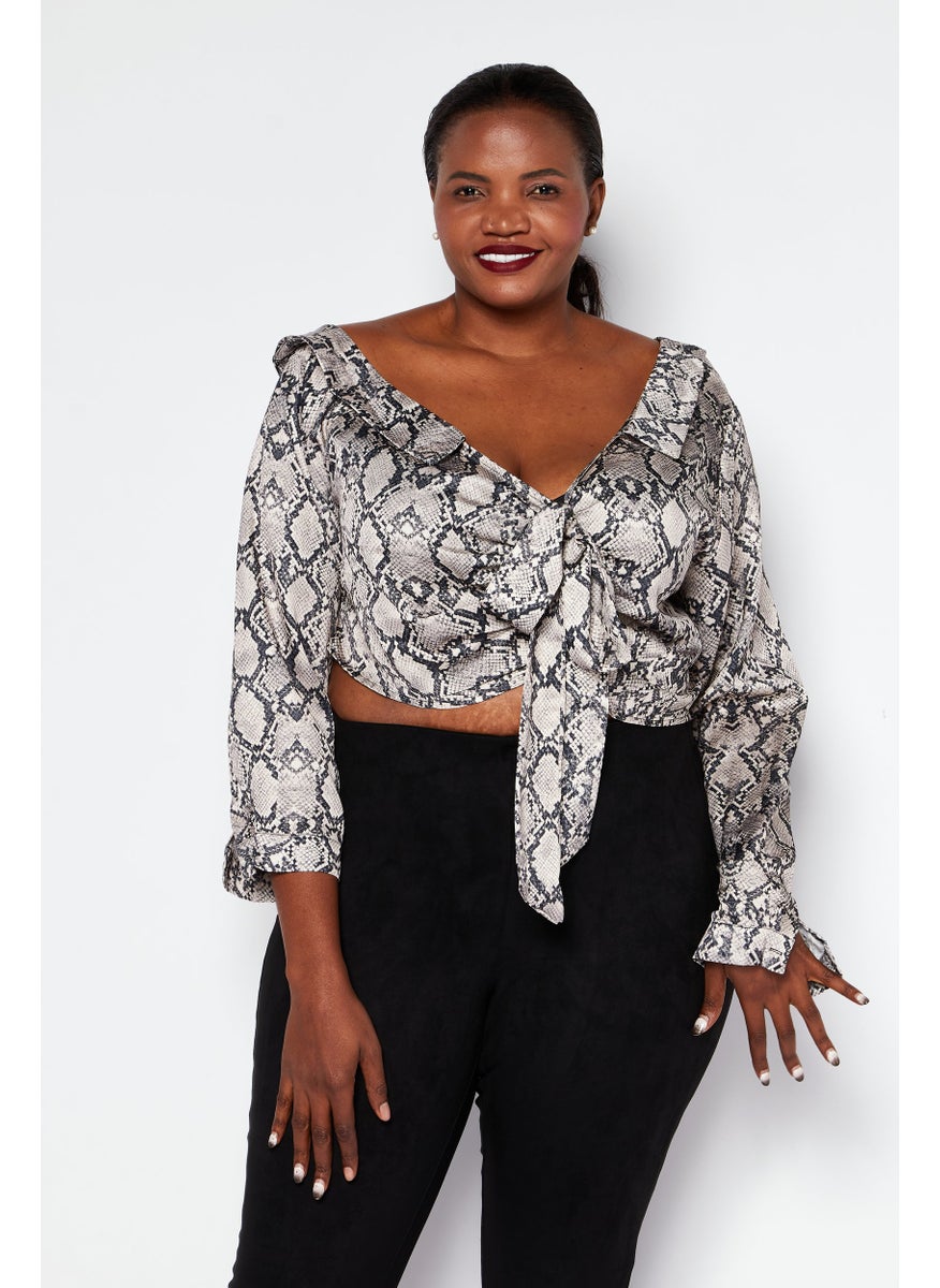 boohoo - Women Plus Size V Neck Long Sleeve Printed Blouse, Beige - Image 1