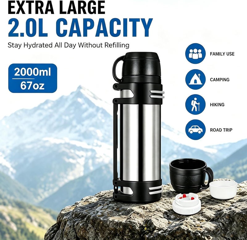 KIDENEI 2.0L Vacuum Insulated Bottle with Handle Cup, Stainless Steel Insulated Water Jug with Strap, Keeping Hot or Cold 24 Hours Coffee Thermos for Traveling Hiking Fishing - Image 3