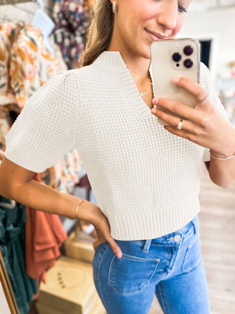 Saodimallsu Womens Puff Short Sleeve Sweater Top Waffle Knit V Neck Spring Summer Cropped Trendy Cute Shirts Blouses White - Image 3