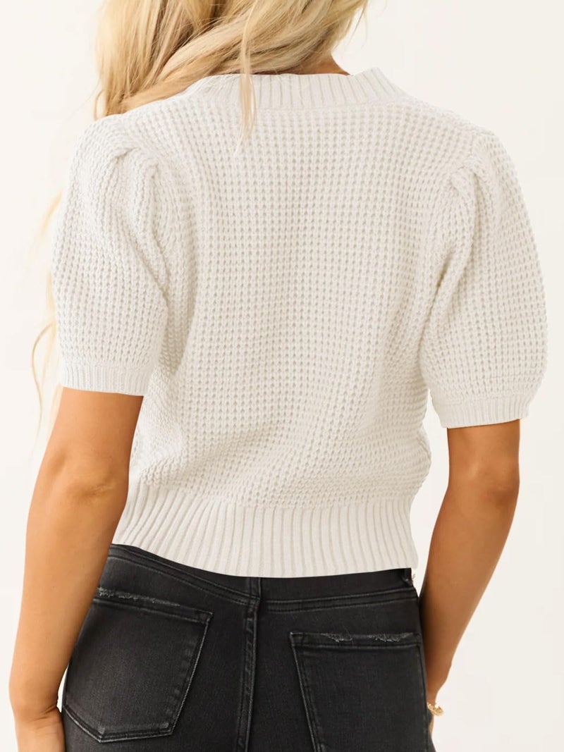 Saodimallsu Womens Puff Short Sleeve Sweater Top Waffle Knit V Neck Spring Summer Cropped Trendy Cute Shirts Blouses White - Image 5