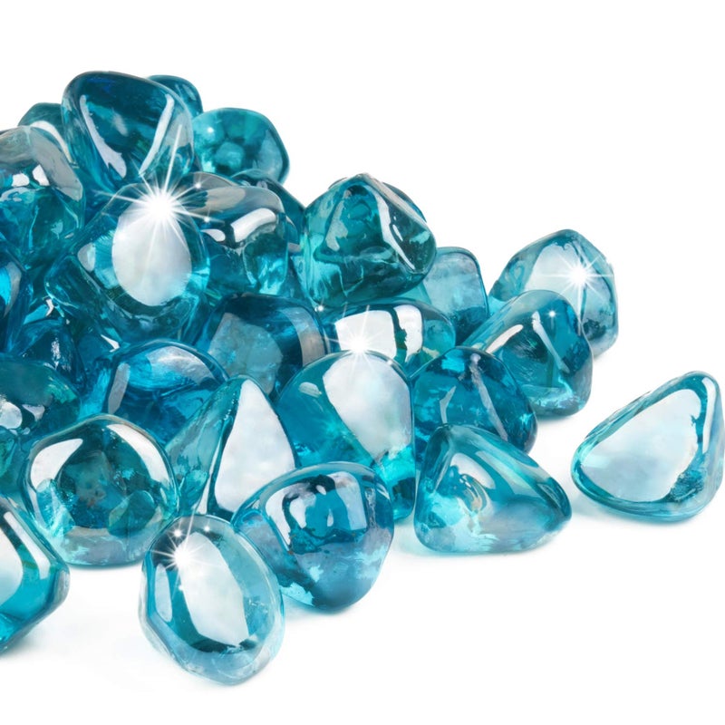 GASPRO 20 Pound Fire Glass Diamonds 1 Inch Fire Pit Glass Rocks for Gas Fireplace and Fire Pit Caribbean Blue High Luster