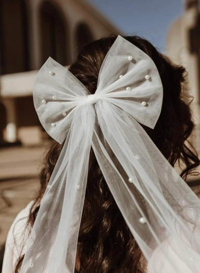 Cerun 1 Pcs Luxury White Bowknot Wedding Bridal Veil Tulle Pearls Bridal Short Veils Bachelorette Party Hair Accessories for Women Girls - Image 4
