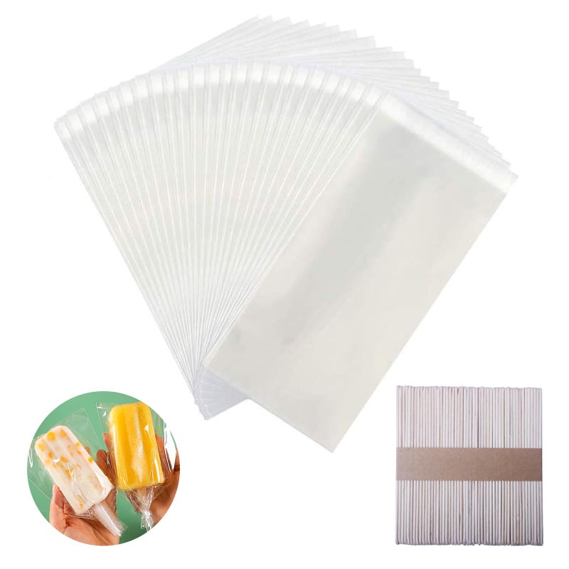Miaowoof 200PCS Popsicle Sticks and 200PCS Bags Ice Pop Sticks and Bags For Ice Cream Selfadhesive Clear Popsicle Wrappers and Sticks