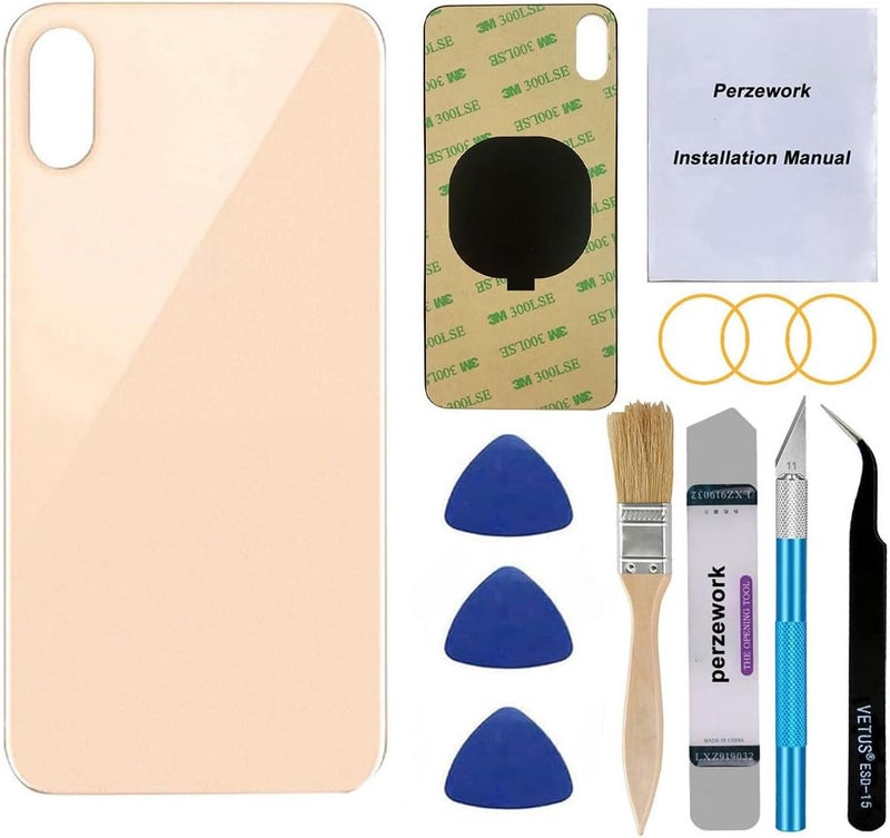 Perzework OEM Rear Back Glass Replacement for iPhone Xs 5.8 inches with Reparing Tool Kit and Pre-Installed Adhesive (Gold) - Image 1
