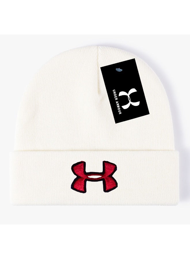Under Armour Cream White Ribbed Knit Beanie (Red Logo)