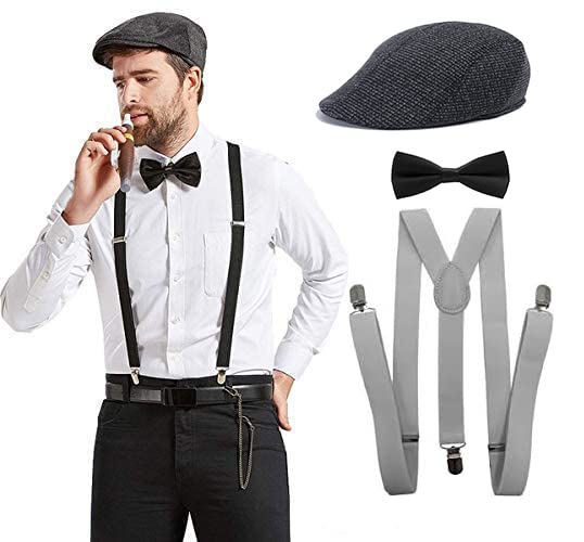 CLOTHERA Light Grey Suspender and Bow Tie Set with drak grey Flat cap for Men - Image 1