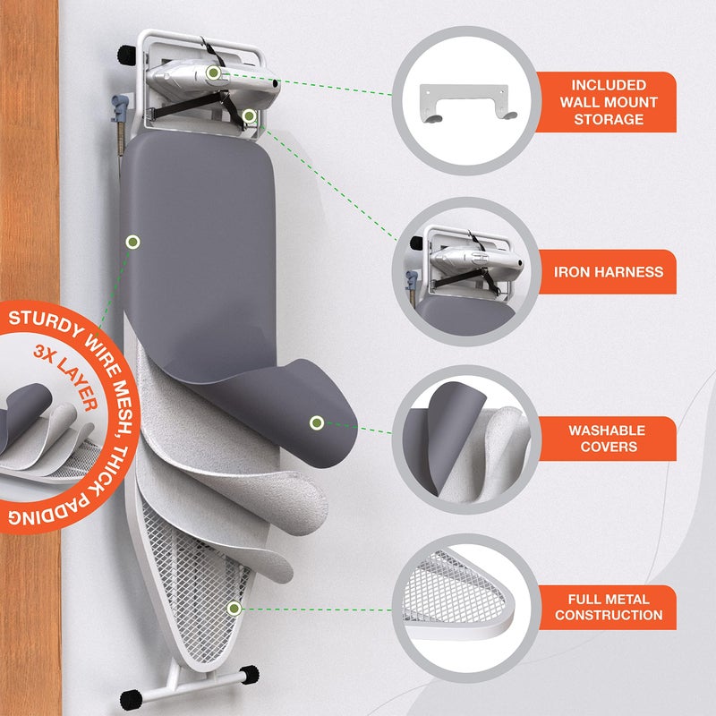 Xabitat Full Size Ironing Board 57" X 18" with Wall Mount Hanger, Full Metal Construction Iron Board, Built in Iron Caddy, Heat & Scorch Resistant Fabric, Cord Holder, Anti-Skid Feet, Heavy Duty - Image 4