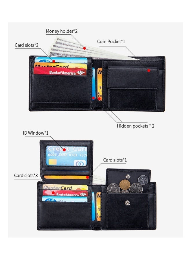 Genuine Leather Men's Tri-Fold Wallet - Top Grain Cowhide with RFID Blocking, Flip-ID Window & Multi-Pocket Design - Image 3