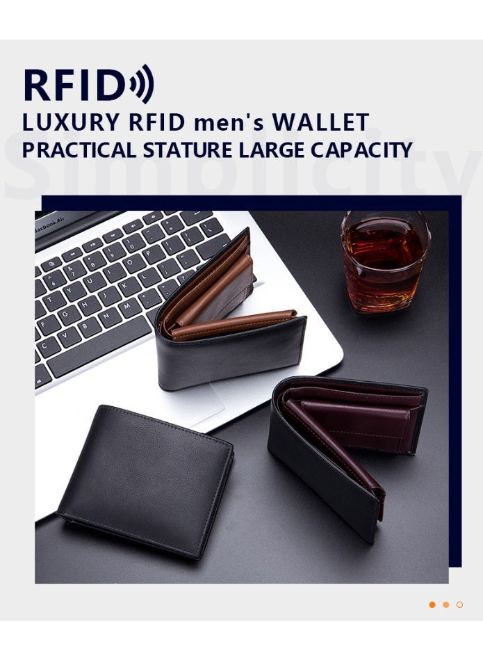 Genuine Leather Men's Tri-Fold Wallet - Top Grain Cowhide with RFID Blocking, Flip-ID Window & Multi-Pocket Design - Image 4