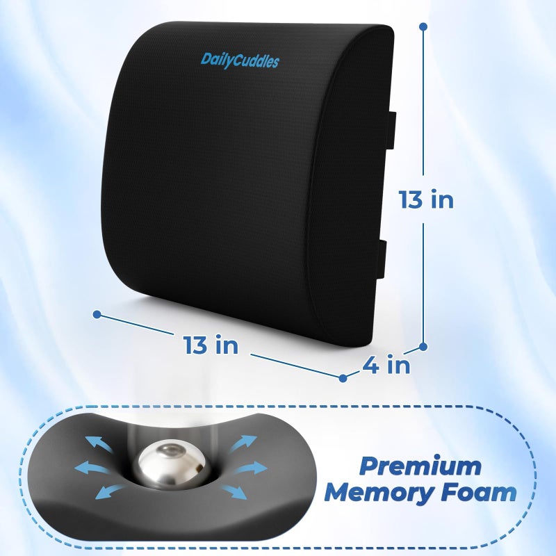 DailyCuddles Lumbar Support Pillow for Office Chair Back Support - Memory Foam Lumbar Pillow for Car or Gaming Chair, Ergonomic Back Cushion with Adjustable Strap for Long-Hour Sitting (Black) - Image 2