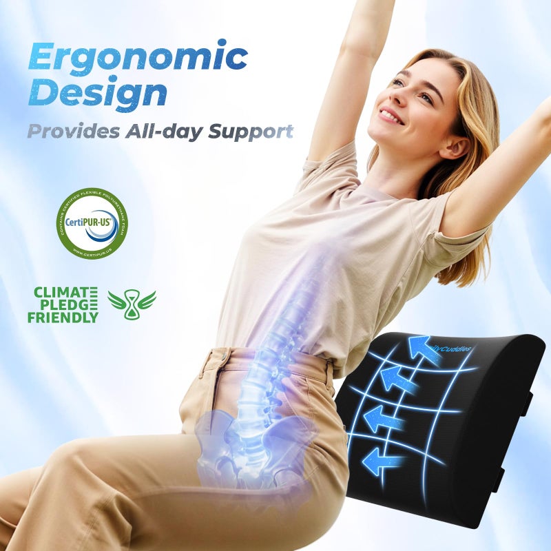 DailyCuddles Lumbar Support Pillow for Office Chair Back Support - Memory Foam Lumbar Pillow for Car or Gaming Chair, Ergonomic Back Cushion with Adjustable Strap for Long-Hour Sitting (Black) - Image 3