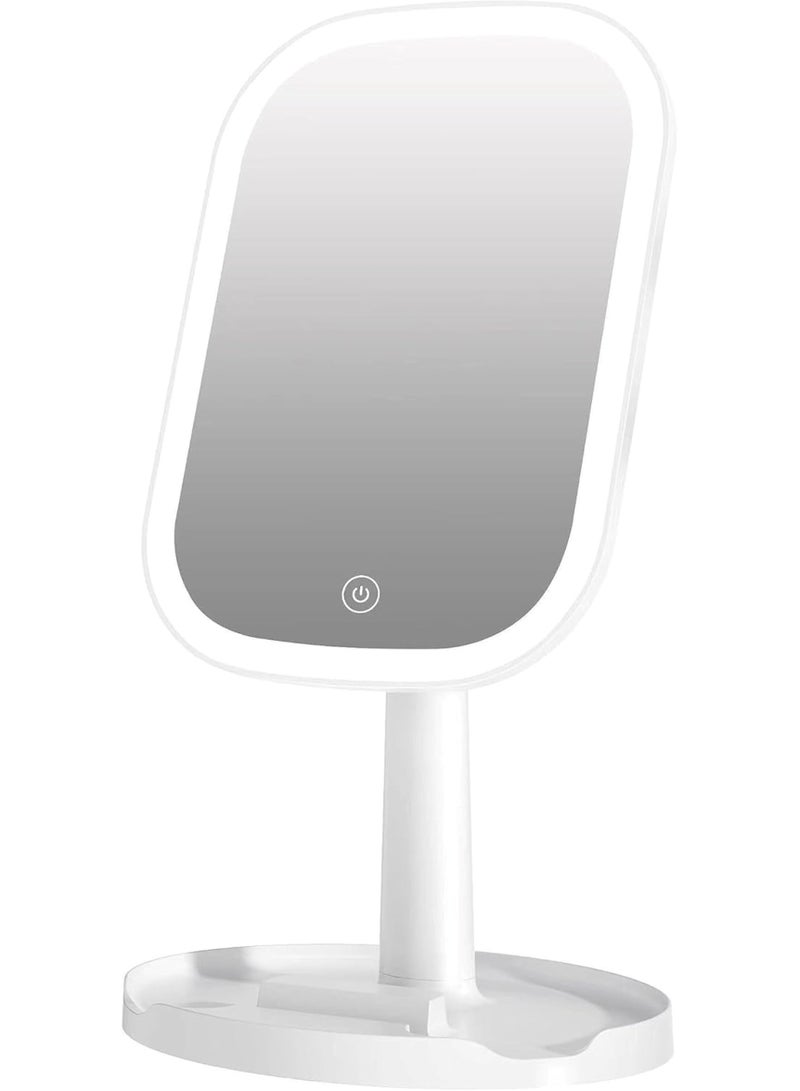 مرآة مكياج LED قابلة للتعديل مع صينية تخزين، بيضاء  - Image 1