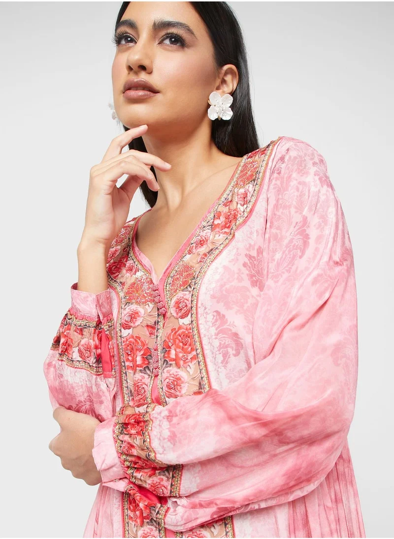 KASHKHA Mesh Floral Print Jalabiya