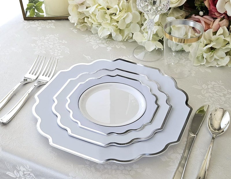 OCCASIONS FINEST PLASTIC TABLEWARE " OCCASIONS " 50 Plates Pack (25 Guests)-Heavyweight Wedding Party Disposable Plastic Plate Set -(25x10.5'' Dinner + 25x8'' Salad/dessert (Imperial in White/Blue & Silver) - Image 3