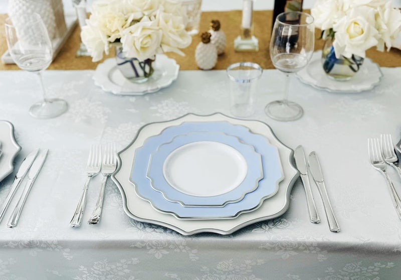 OCCASIONS FINEST PLASTIC TABLEWARE " OCCASIONS " 50 Plates Pack (25 Guests)-Heavyweight Wedding Party Disposable Plastic Plate Set -(25x10.5'' Dinner + 25x8'' Salad/dessert (Imperial in White/Blue & Silver) - Image 5