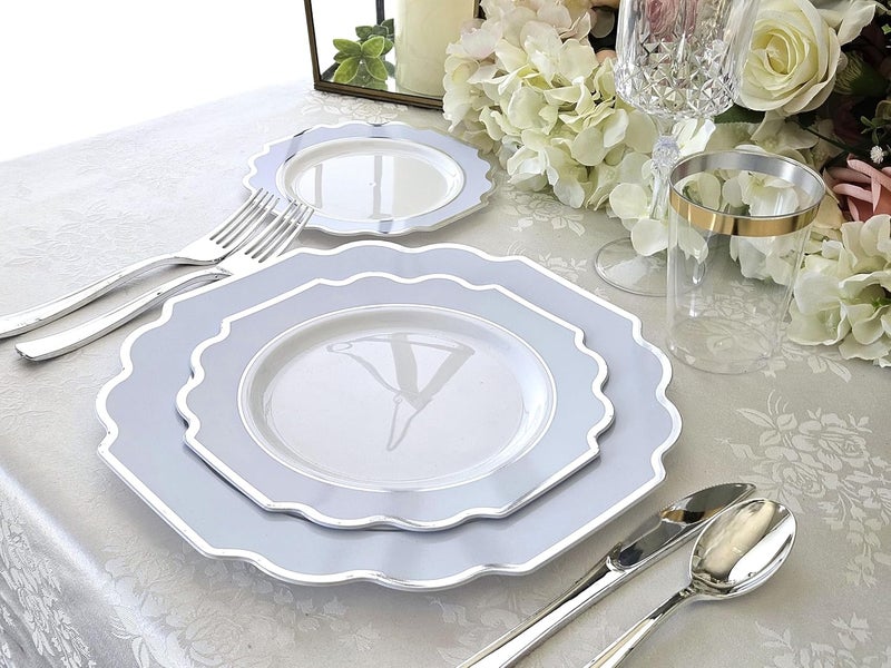 OCCASIONS FINEST PLASTIC TABLEWARE " OCCASIONS " 50 Plates Pack (25 Guests)-Heavyweight Wedding Party Disposable Plastic Plate Set -(25x10.5'' Dinner + 25x8'' Salad/dessert (Imperial in White/Blue & Silver) - Image 2