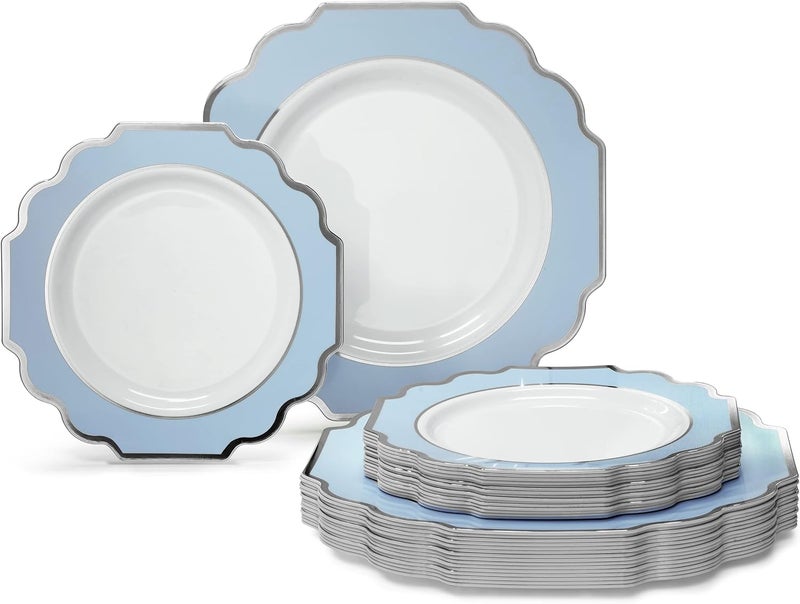 OCCASIONS FINEST PLASTIC TABLEWARE " OCCASIONS " 50 Plates Pack (25 Guests)-Heavyweight Wedding Party Disposable Plastic Plate Set -(25x10.5'' Dinner + 25x8'' Salad/dessert (Imperial in White/Blue & Silver) - Image 1
