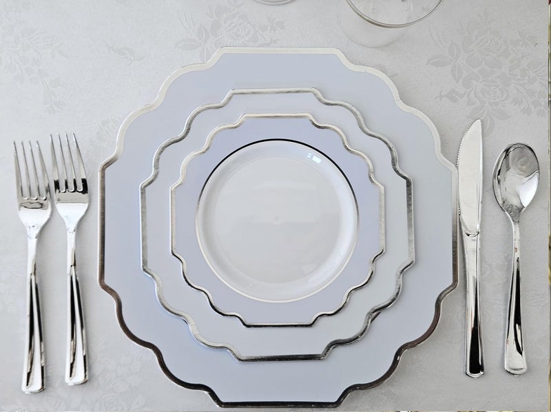 OCCASIONS FINEST PLASTIC TABLEWARE " OCCASIONS " 50 Plates Pack (25 Guests)-Heavyweight Wedding Party Disposable Plastic Plate Set -(25x10.5'' Dinner + 25x8'' Salad/dessert (Imperial in White/Blue & Silver) - Image 4