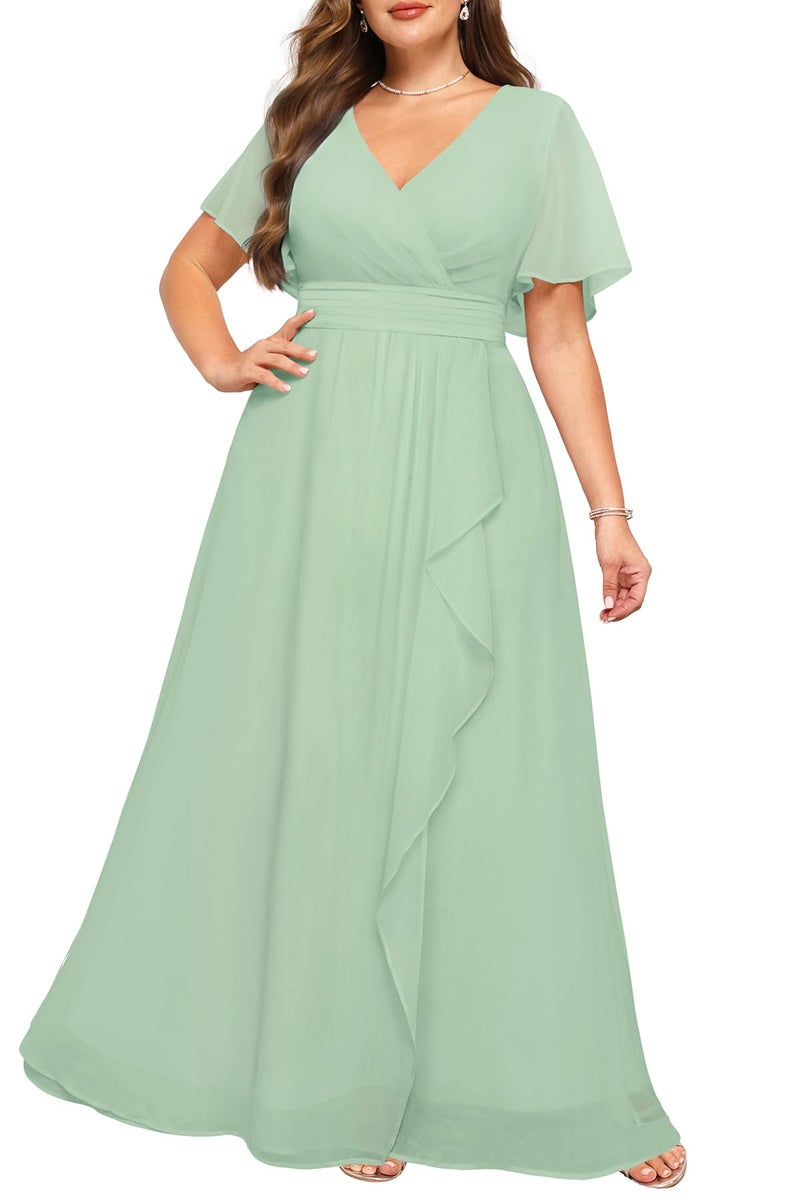 Talisea Plus Size Bridesmaid Dresses Sage Green Mint Formal Wedding Guest Chiffon Short Sleeves A Line Long Dress Curvy Women - Image 1