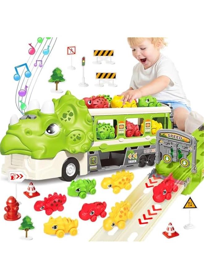 HOOKOR Dinosaur Construction Race Tracks for Kids Toys, 1 Electric Cars, 4 Construction Cars Music Toy Flexible DIY Track Set, Engineering Gifts for 3 4 5 6 Year Old Boys Girls (Green) - Image 1