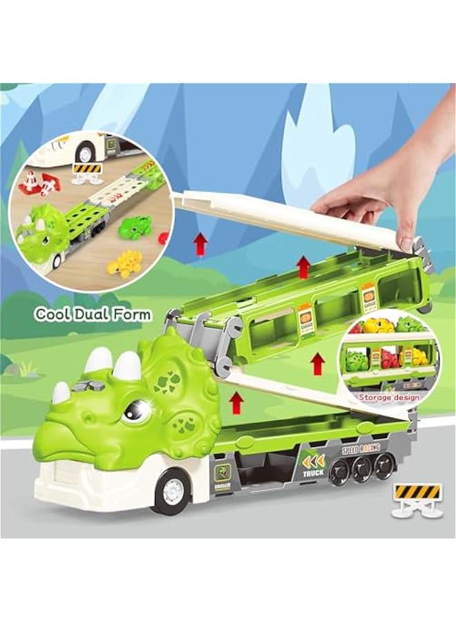 HOOKOR Dinosaur Construction Race Tracks for Kids Toys, 1 Electric Cars, 4 Construction Cars Music Toy Flexible DIY Track Set, Engineering Gifts for 3 4 5 6 Year Old Boys Girls (Green) - Image 4