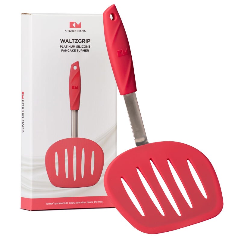 Kitchen Mama WaltzGrip Platinum Silicone Pancake Spatula Turner: Heat-Resistant  Slotted Tapered Head  Stainless Steel Core  Durable  Dishwasher-Safe  Ideal for Flipping and Wok Use (Red) - Image 1