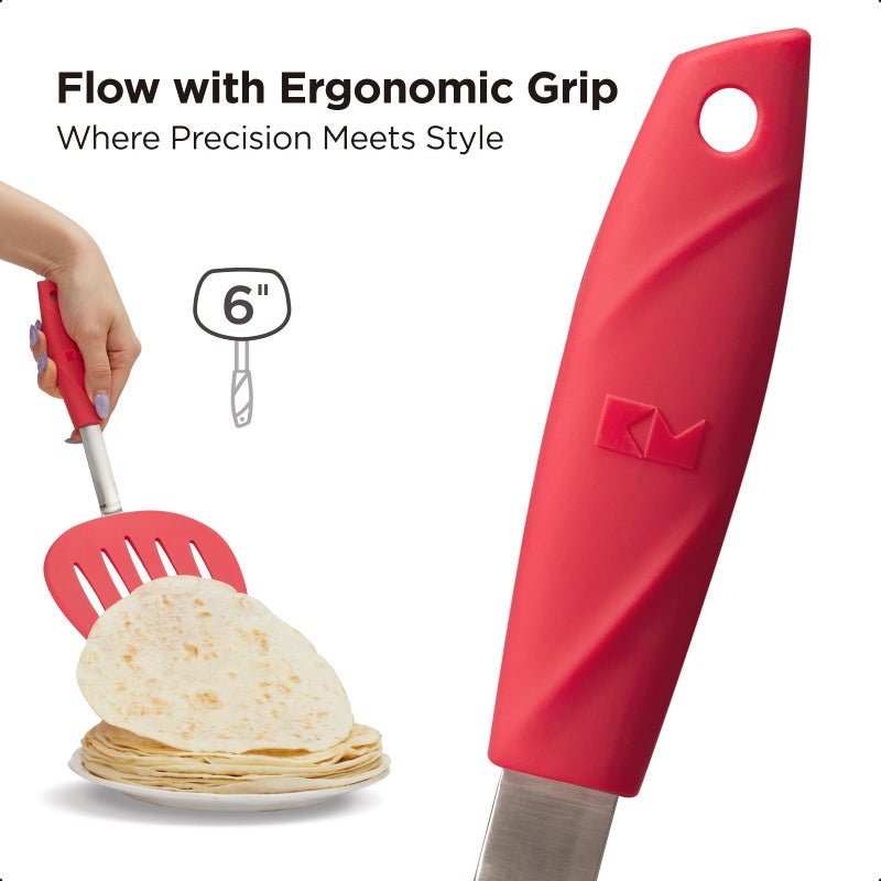 Kitchen Mama WaltzGrip Platinum Silicone Pancake Spatula Turner: Heat-Resistant  Slotted Tapered Head  Stainless Steel Core  Durable  Dishwasher-Safe  Ideal for Flipping and Wok Use (Red) - Image 3