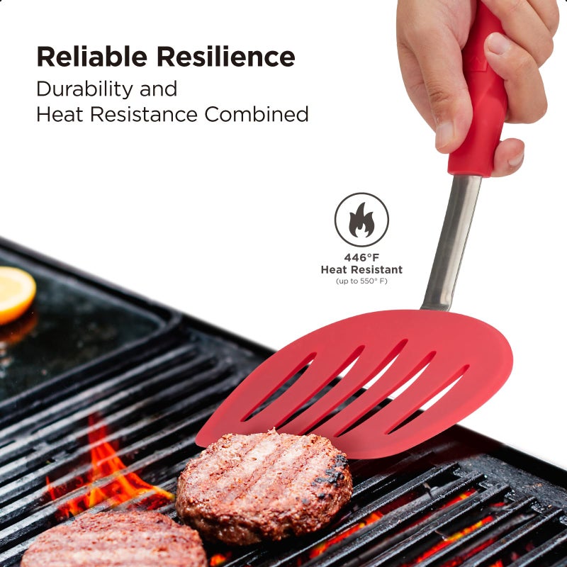 Kitchen Mama WaltzGrip Platinum Silicone Pancake Spatula Turner: Heat-Resistant  Slotted Tapered Head  Stainless Steel Core  Durable  Dishwasher-Safe  Ideal for Flipping and Wok Use (Red) - Image 4