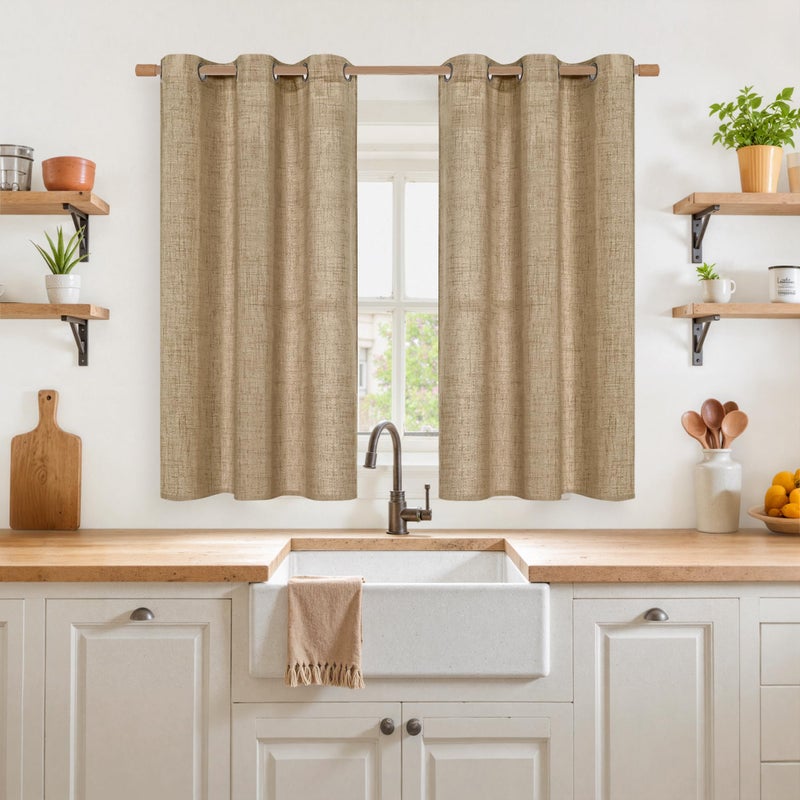 YoungsTex Short Linen Semi Sheer Curtains 45 Inch Length for Kitchen Window, Burlap Textured Drapes with Bronze Grommet Light Filtering for Cafe Bathroom Bedroom, Toffee, 2 Panels, 42 X 45 Inch - Image 2