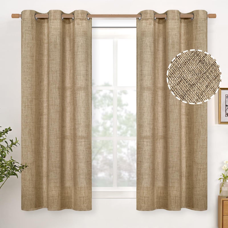 YoungsTex Short Linen Semi Sheer Curtains 45 Inch Length for Kitchen Window, Burlap Textured Drapes with Bronze Grommet Light Filtering for Cafe Bathroom Bedroom, Toffee, 2 Panels, 42 X 45 Inch - Image 1