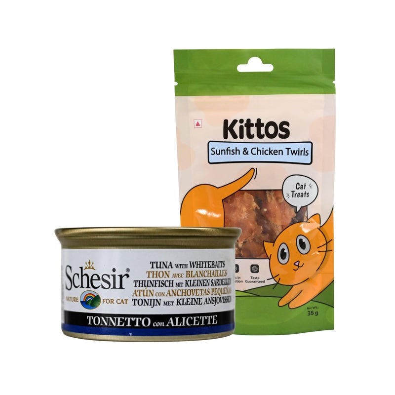 Schesir Tuna with Whitebaits Wet Cat Food 85g + Kittos Sunfish Chicken Twirls 35g Natural Wet Food + Real Meat Treat Protein-Rich Combo for Cats Supports Health & Taste - Image 1