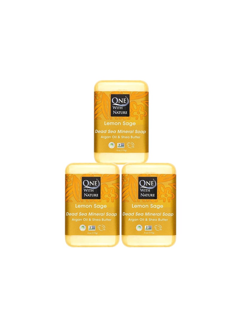 ONE WITH NATURE One With Nature Dead Sea Mineral Salt Lemon Sage 4oz Soap 3Pk Argan Oil  Shea Butter  Dead Sea Salt Contains Magnesium Sulfur  21 Essential Minerals  All Skin Types Acne Psoriasis Eczema 