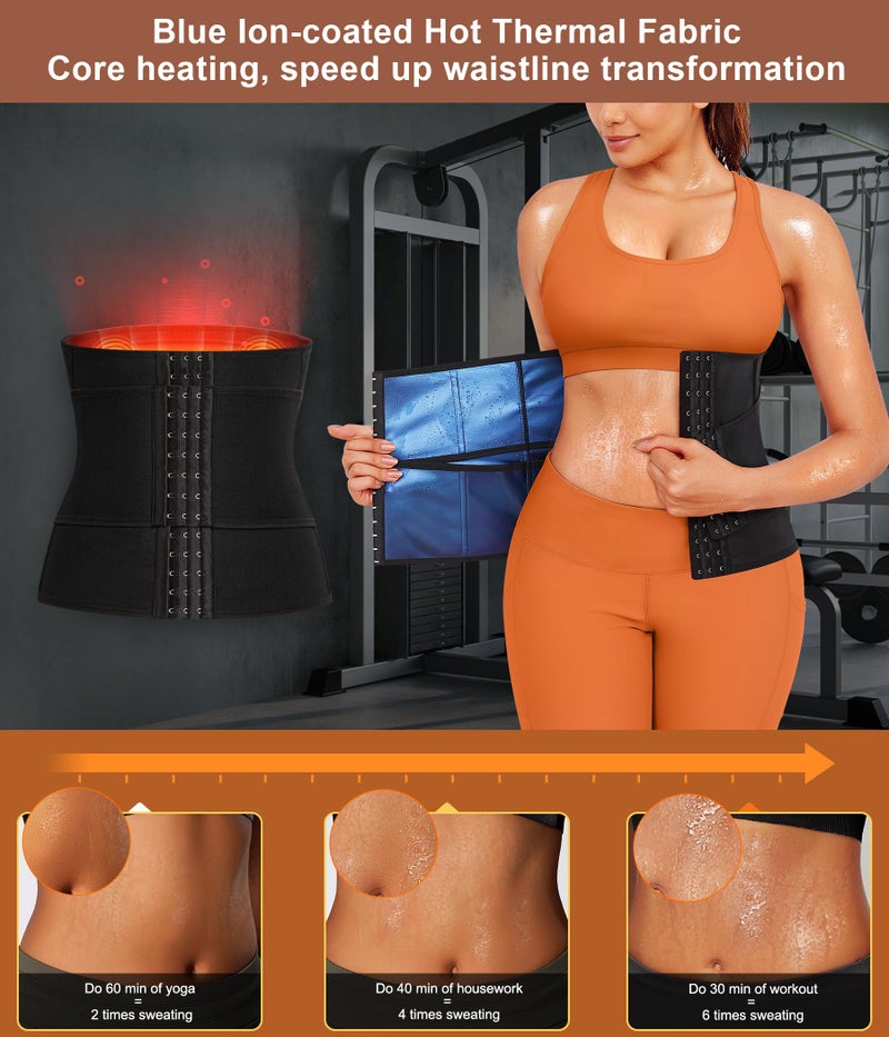 TrainingGirl Women Sweat Waist Trimmer Trainer Sauna Corset Workout Belt Belly Band Stomach Wraps Body Shaper Sports Girdle (Black-Blue inner, Medium) - Image 2
