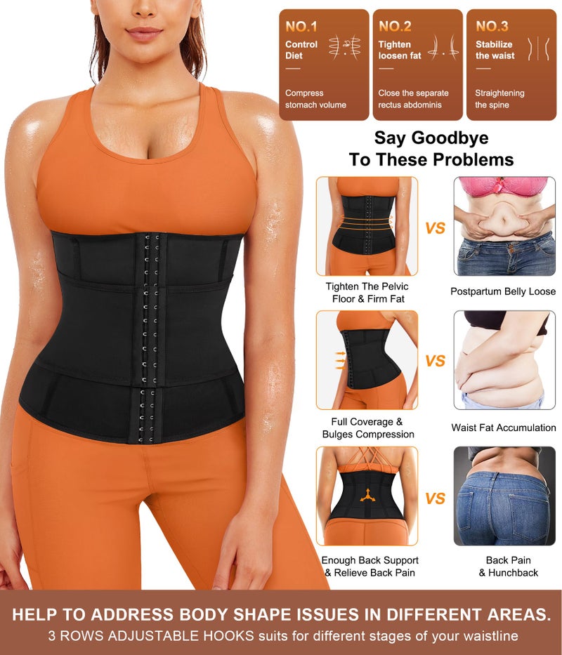 TrainingGirl Women Sweat Waist Trimmer Trainer Sauna Corset Workout Belt Belly Band Stomach Wraps Body Shaper Sports Girdle (Black-Blue inner, Medium) - Image 3