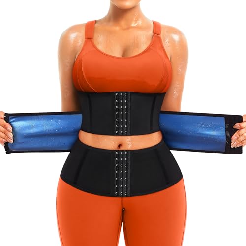 TrainingGirl Women Sweat Waist Trimmer Trainer Sauna Corset Workout Belt Belly Band Stomach Wraps Body Shaper Sports Girdle (Black-Blue inner, Medium) - Image 1