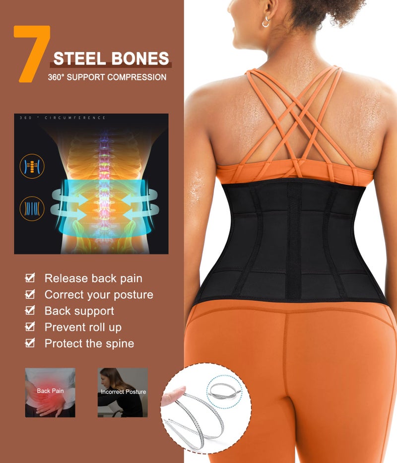 TrainingGirl Women Sweat Waist Trimmer Trainer Sauna Corset Workout Belt Belly Band Stomach Wraps Body Shaper Sports Girdle (Black-Blue inner, Medium) - Image 4